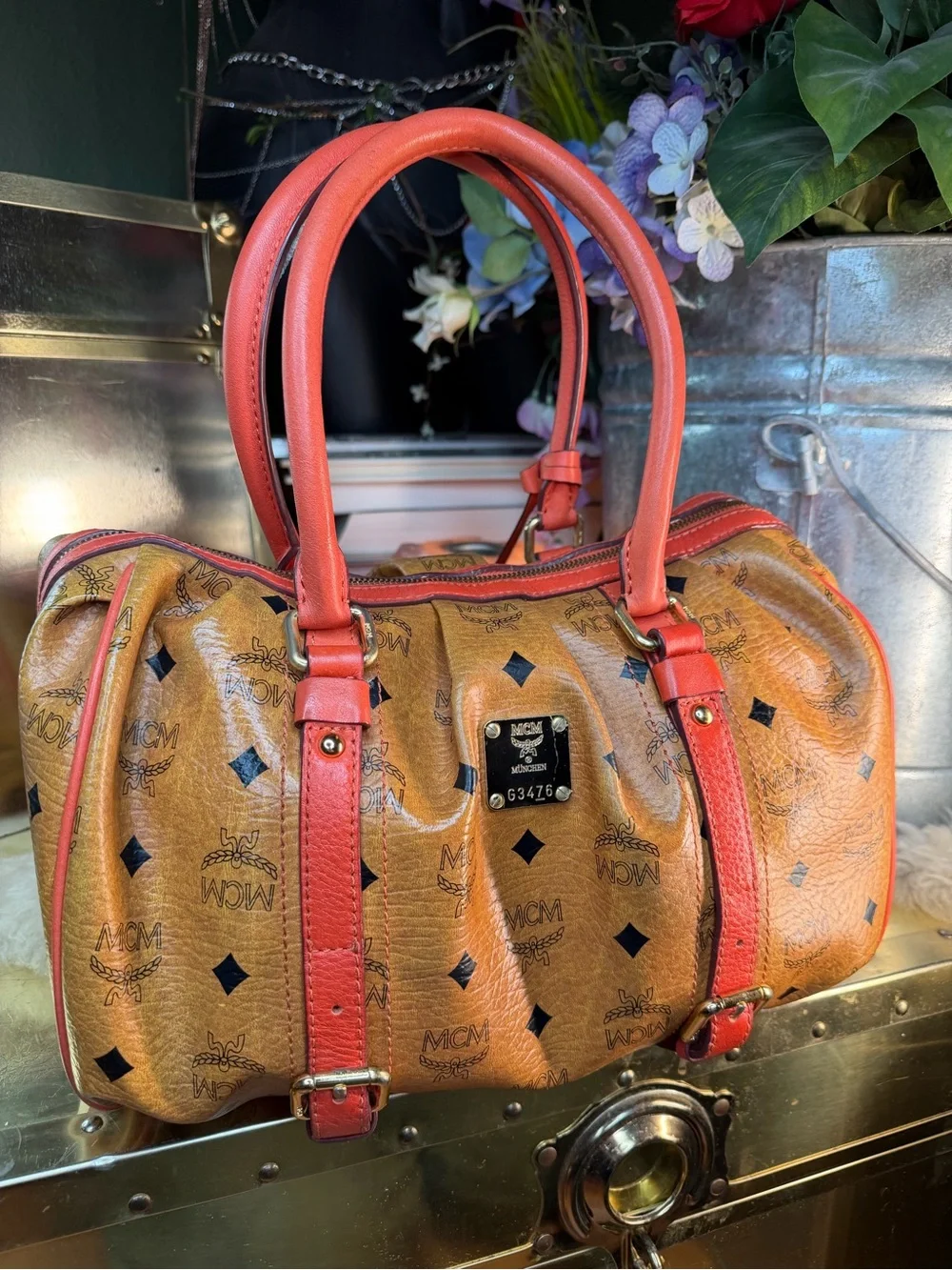 MCM Visetos Cognac Boston Hobo Bowling Bag with Coral Trim and Lock and keys